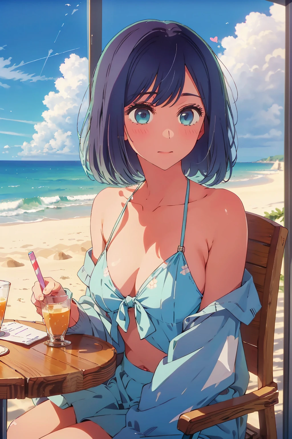 (Highest quality:1.4、masterpiece:1.4、Super detailed:1.4、8K:1.4)、((((1 person、Surprised expression、sit、Outdoor café terrace、coastal、juice、table、Sandy Beach、juiceのグラスを持つ、Plain Bikini、The depth of the written world、Very soft boobs、Big eyes、Very cute face))))、F cup bust、Medium breast、Underboob、Sideboob