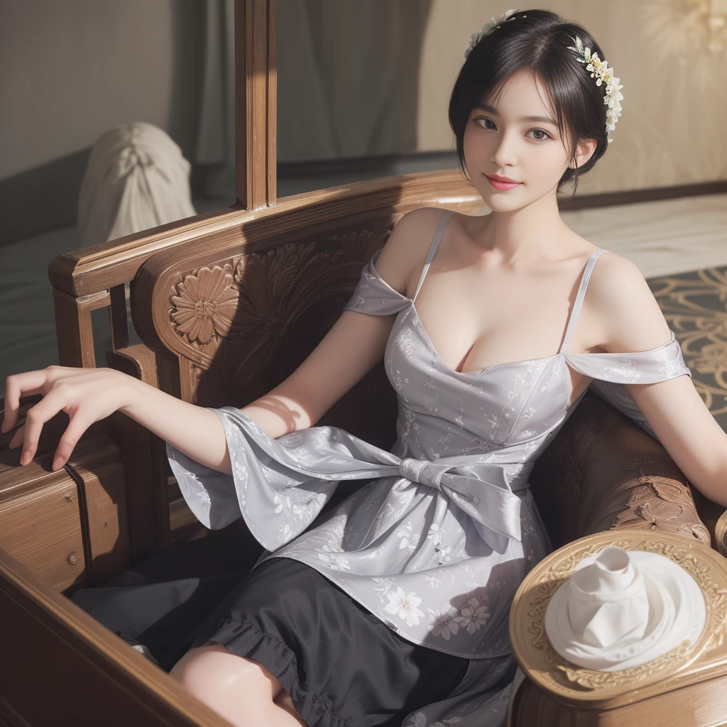 ((Best Quality))), (8K picture quality), ((Masterpiece)), (Very sophisticated、Beautiful fece), (wearing dresses) , (1womanl), (black-short-hair), Dress up, with floral pattern, Soft silk fabric, light, Gentle facial expressions, (A slight smil:1.3), ((lightand shade contrast)), Luxurious interior windowsill, ((breast))