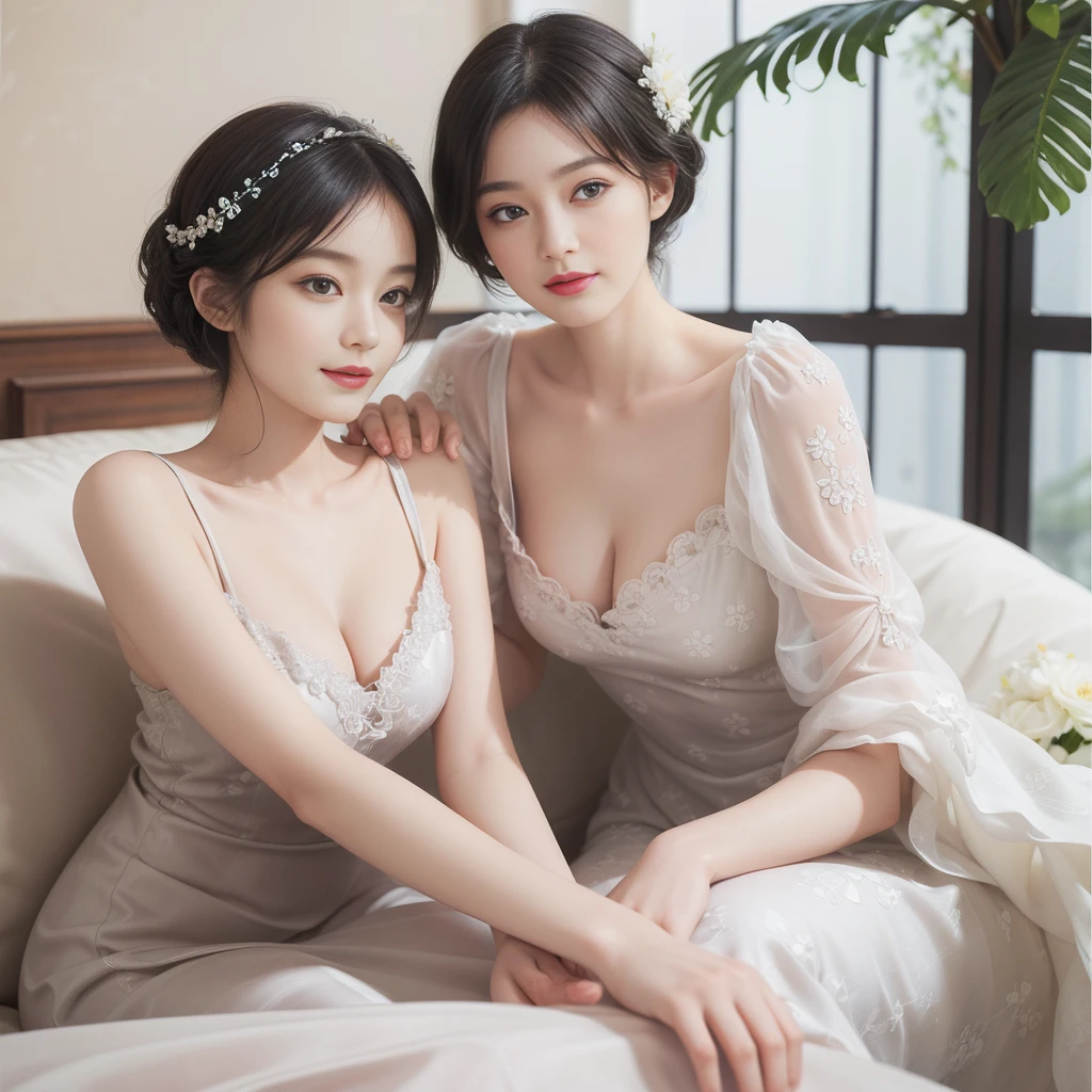 ((Best Quality))), (8K picture quality), ((Masterpiece)), (Very sophisticated、Beautiful fece), (wearing dresses) , (1womanl), (black-short-hair), Dress up, with floral pattern, Soft silk fabric, light, Gentle facial expressions, (A slight smil:1.3), ((lightand shade contrast)), Luxurious interior windowsill, ((breast))