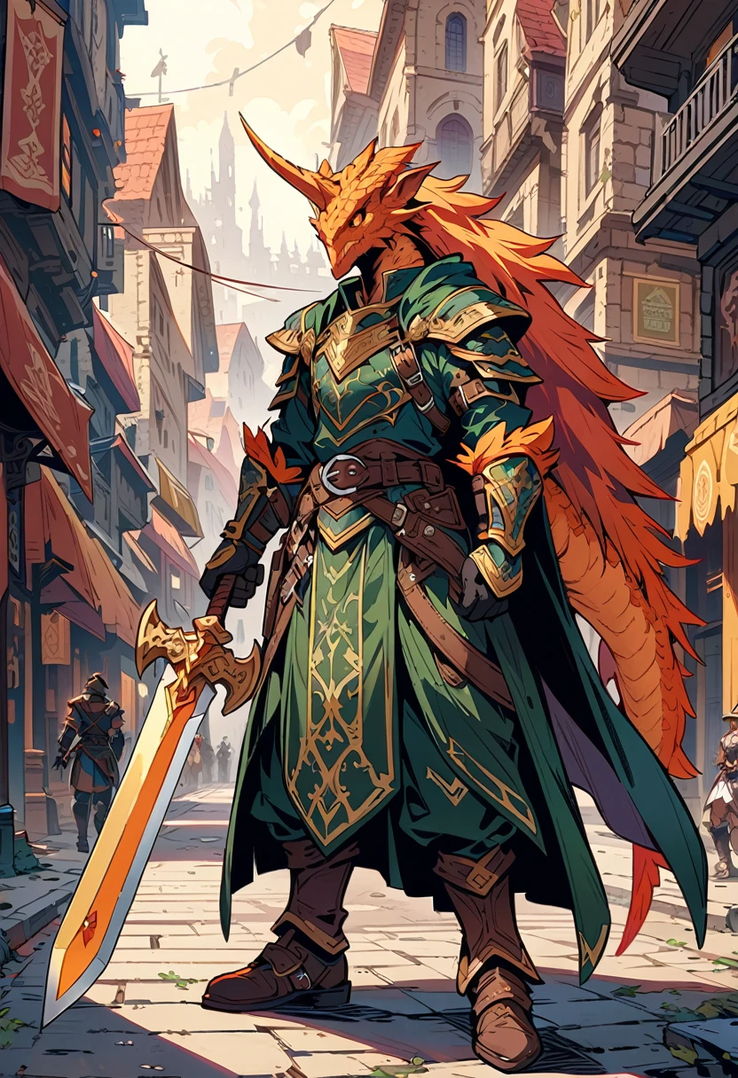 DnD character art, fantasy warrior with dragon head helmet and orange scales holding sword in hand standing on city street, green , black leather gloves, high details, in the style of fantasy., knight dragon, big sword, holdingsword