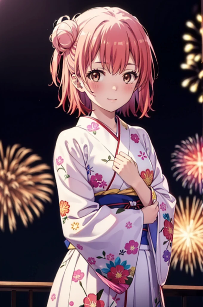 yuiyuigahama, yui yuigahama, short hair, (Brown eyes:1.5), (Pink Hair:1.2), smile,blush,Hair Bun,single Hair Bun, smile,Flower Hair Ornaments,Pink kimono,Thick sleeves,Pink long skirt,Fireworks in the night sky、Fireworks,The place is a fireworks display,Time is night,whole bodyがイラストに入るように
break outdoors, shrine,
break looking at viewer, whole body, (Cowboy Shot:1. 5)
break (masterpiece:1.2), Highest quality, High resolution, unity 8k wallpaper, (figure:0.8), (Beautiful attention to detail:1.6), Highly detailed face, Perfect lighting, Highly detailed CG, (Perfect hands, Perfect Anatomy),