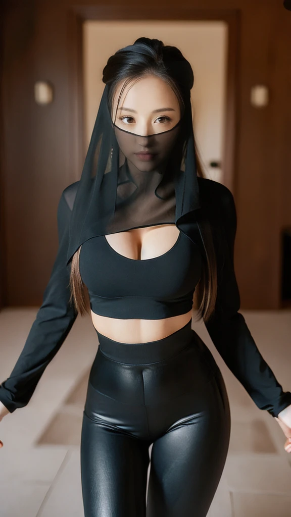 (lifelike, high - resolution:1.3),full body , 1 girl with a perfect body, Super fine face and eyes,slong hair, midriff of black colors:1.2, black shiny leggings,face veil, big boob,Expose cleavage, ninja pose.