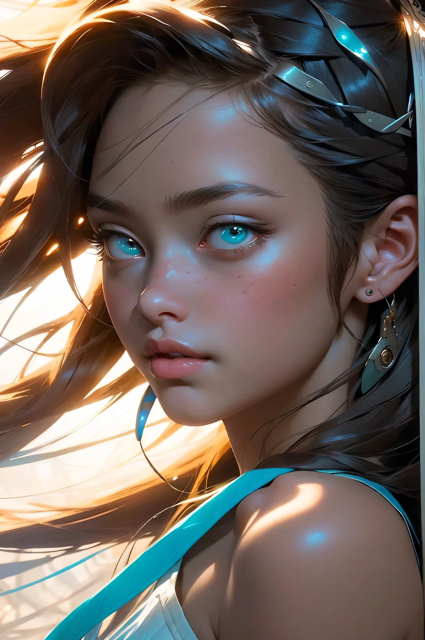 Full body shot, ((masterpiece))), (((best quality))), ((ultra-detailed)), (hyperrealistic), (highly detailed CG illustration), ((an extremely delicate and beautiful)),cinematic light, Create a stunning anime artwork that is currently trending on ArtStation, showcasing exquisite beauty and captivating aesthetics. The art piece should be highly detailed, featuring a compelling character and a visually appealing environment. 
The character in the artwork is a graceful and enchanting figure, young, radiating an aura of elegance. Pay close attention to intricate facial features, such as mesmerizing eyes with vibrant colors and delicate shading.  Hair (((Light brown hair, long, floating in the air, wrapped around her))).
The character's clothing should be designed with elaborate patterns, flowing see-through fabrics, and rich textures, reflecting a blend of fantasy and contemporary fashion. 
Place the character in a captivating ethereal environment that enhances the overall appeal of the artwork.  a mystical realm filled with magical elements. Incorporate vibrant colors, dynamic lighting, and detailed background elements to create a sense of depth and immersion. 
Consider the latest trends in anime art, such as incorporating unique lighting effects, exploring creative composition techniques, or experimenting with unconventional color palettes. 
Take inspiration from the top artists on ArtStation and their exceptional execution of various art styles and themes. Camera: Choose an angle that highlights the character's beauty and the immersive environment. Lighting: Utilize atmospheric lighting techniques to create depth and mood. Resolution: Aim for a high-resolution artwork to showcase intricate details and clarity. Art Inspirations: Seek inspiration from the trending artists on ArtStation, exploring different styles, genres, and themes.
