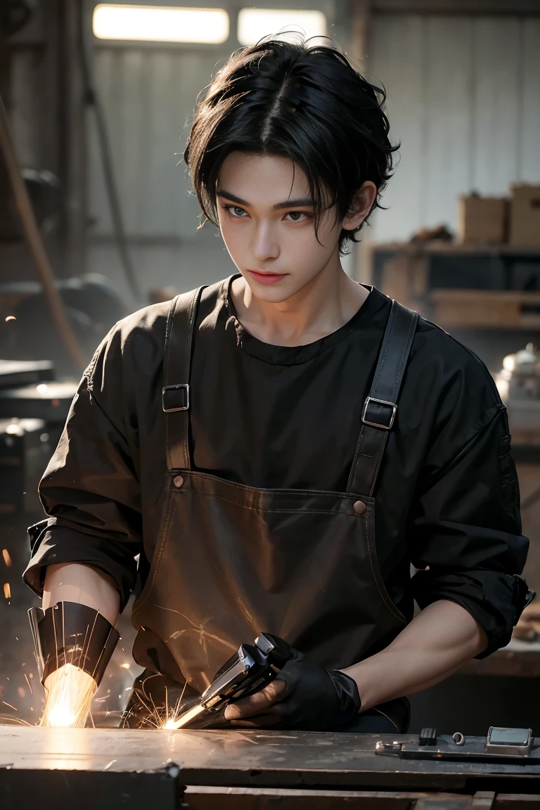 Absurd resolution, high resolution, (masterpiece: 1.4), hyper-detail, young man's messy short black hair, welder dressed up, answering the phone (1.2), happy expression, factory high-tech workbench, tech-sense screen