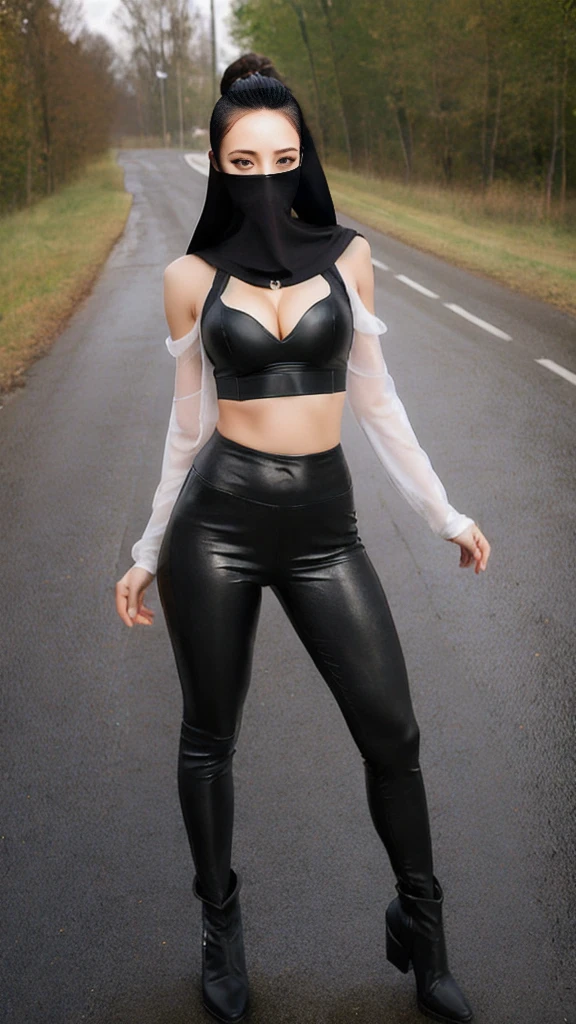 (lifelike, high - resolution:1.3),full body , 1 girl with a perfect body, Super fine face and eyes,long hair, midriff black colors:1.2, black shiny leggings,face veil, big boob,Expose cleavage, ninja pose, leather boots.