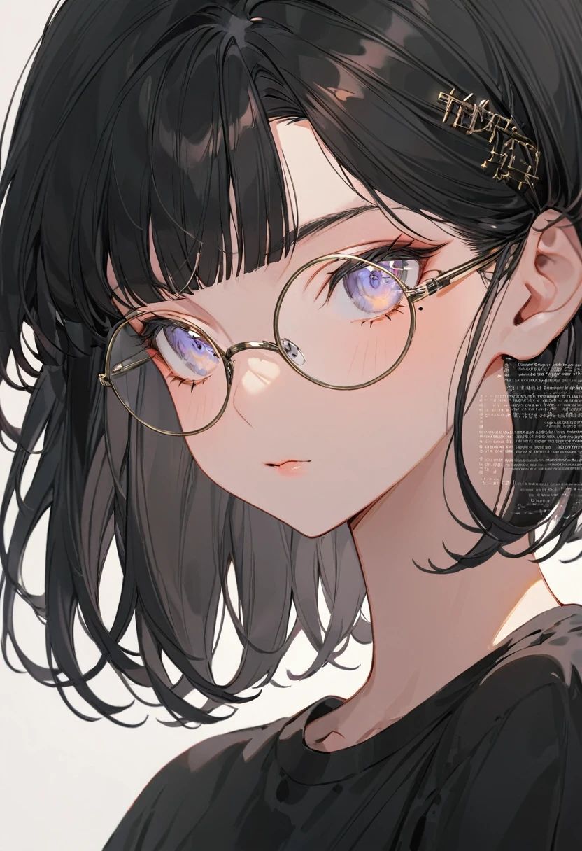 Boyish beautiful girl,Black very short hair,Black hair bangs, Wearing an oversized black T-shirt,Wearing round glasses,The background is filled with programming code text.,Close up of face,