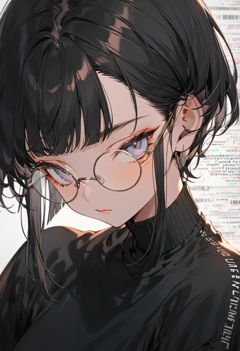 Boyish beautiful girl,Black very short hair,Black hair bangs, Wearing an oversized black T-shirt,Wearing round glasses,The background is filled with programming code text.,Close up of face,