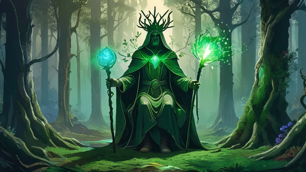 Create an image of an old king seated on a grand, but weathered, throne in the heart of a dense, ancient forest. The throne, carved from twisted roots and adorned with moss and vines, blends seamlessly with the natural surroundings, symbolizing a kingdom long forgotten or hidden from the world. The forest is bathed in twilight, with shafts of soft, ethereal light filtering through the thick canopy above.
The old king, dressed in faded royal robes and a tarnished crown, sits with a posture that exudes both authority and weariness. His face is deeply lined with age and wisdom, his eyes reflecting a lifetime of both triumph and loss. In one hand, he clutches a ceremonial staff, its head adorned with an ancient gemstone that faintly glows.
Beside him stands a druid, a figure shrouded in mystery and power. The druid is cloaked in robes made from woven leaves and animal pelts, with a hood that partially obscures their face. In one hand, the druid holds a gnarled wooden staff topped with a cluster of glowing crystals. The druid's other hand is raised, channeling ancient magics that cause the forest to respond—vines coil and flowers bloom, hinting at the druid's deep connection to nature.
The forest around them is alive with subtle details: the rustling of leaves, the distant calls of woodland creatures, and the soft glow of bioluminescent plants. The atmosphere is one of profound stillness and mystique, as if the forest itself is holding its breath in the presence of these two powerful figures.
This image captures a moment of quiet power and deep connection between the old king and the druid, evoking themes of ancient wisdom, natural magic, and the enduring bond between ruler and the natural world in a dark medieval fantasy setting.