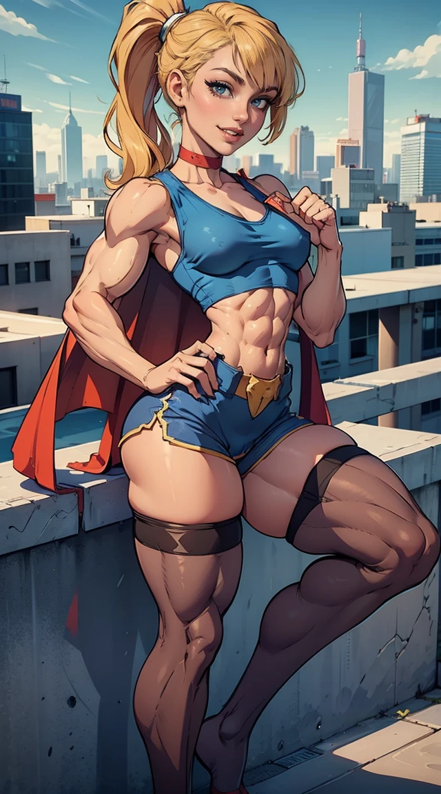 (Muscular:1.9), (thick thighs:1.8),
(blonde female), (supergirl:1.5), (big smile:1.7), (blunt bangs), (ponytail:0.8),
earrings, lipstick, eyeshadow,
(hard nipples), (small breasts:2),
(blue sleeveless tanktop, midriff, speedo, stockings:1.9), (small cape:1.3), (choker:1.2), (active pose:1.5),
looking at viewer, three quarter view, (upper body view), (sideboob),
(rooftop, skyline background:1.3), rim lighting, two tone lighting, dim lighting, bokeh, detailed skin, detailed eyes