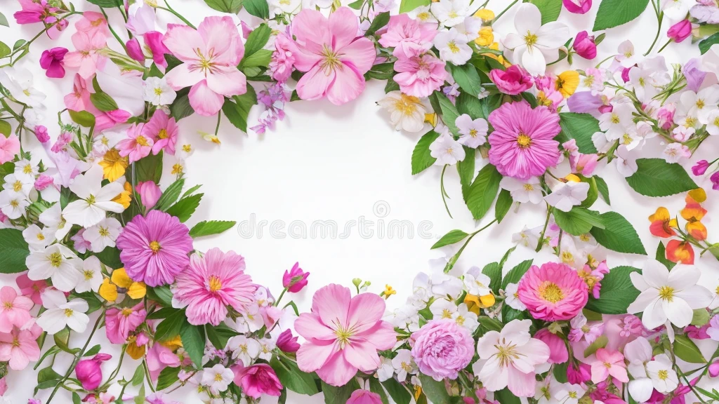 White background in the center、Colorful multicolored flowers, Bohemian Flower Vine, Floral Background, flower details, 夢のようなFloral Background, floral motif, Dreams of flowers, pressed flower, Floral, White background without shadows, 8K、A wreath made of cherry blossom branches and flowers