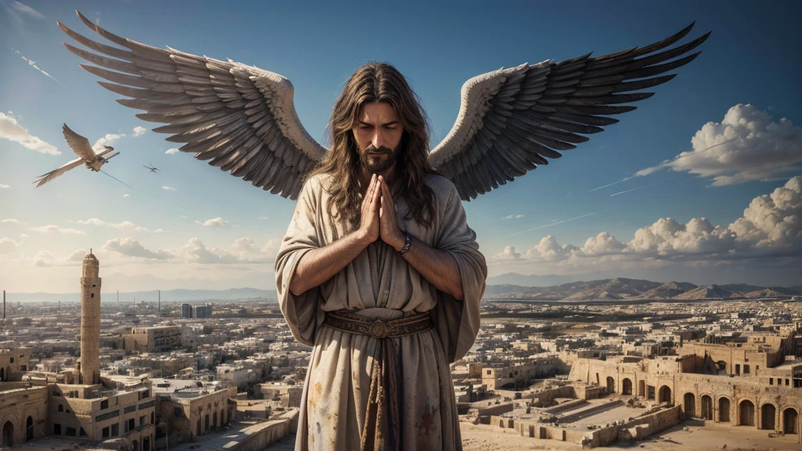 hyper realistic painting, with ancient city of israel, And Jesus and the Archangel Michael hovering over the city with their hands in the form of prayer