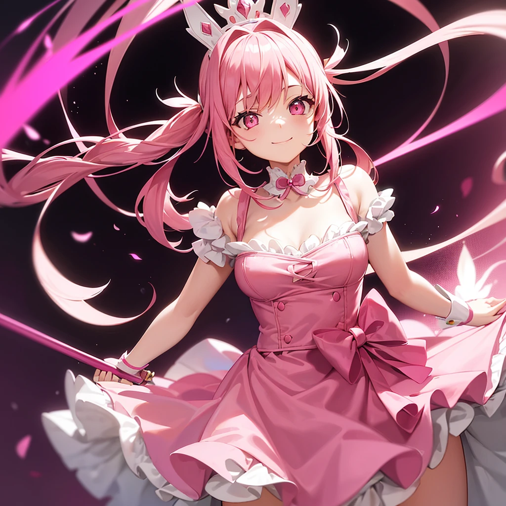 A girl with pink hair, holding a pink glowing sword, wearing a pink long-sleeved maid outfit, cute smile, half-pigtails with fluffy curls at the ends, wearing a head dress, alone