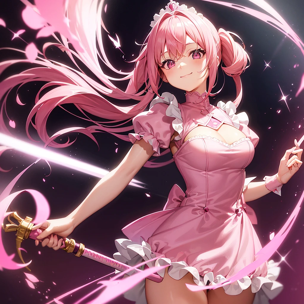 A girl with pink hair, holding a pink glowing sword, wearing a pink long-sleeved maid outfit, cute smile, half-pigtails with fluffy curls at the ends, wearing a head dress, alone