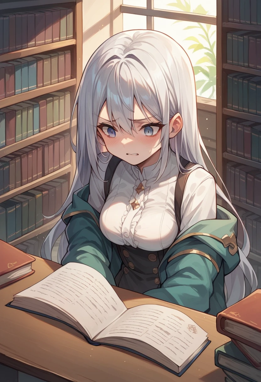 high resolution,library,Silver Hair,18-year-old,anime,feel ashamed