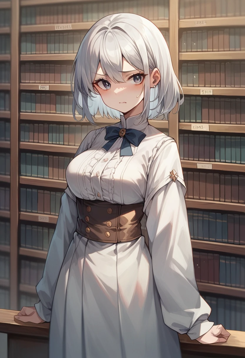 high resolution,library,Silver Hair,18-year-old,anime,feel ashamed