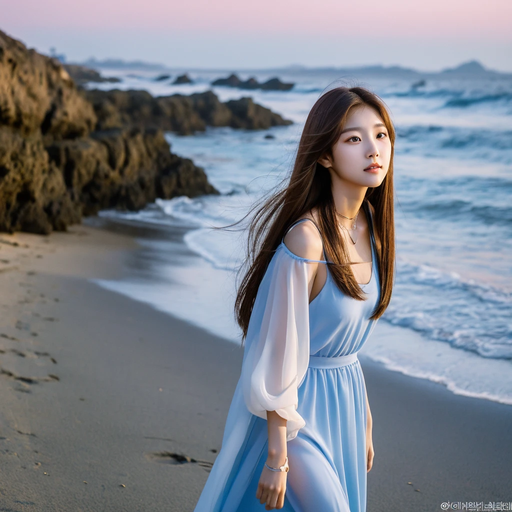 A young South Korean woman aged 24, she has a small, well-proportioned face with delicate features.
Her eyes are large and expressive, with double eyelids and a captivating gaze. Her nose is thin and well defined.
Her lips are full and well-drawn.
Her long, straight hair is a shade of blonde that matches her appearance.
Her skin is clear and smooth. Her body is of medium height and slim, with a graceful figure.
As she walks along the beachfront at sunset in Jeju, her blue-marine dress sways in the wind.