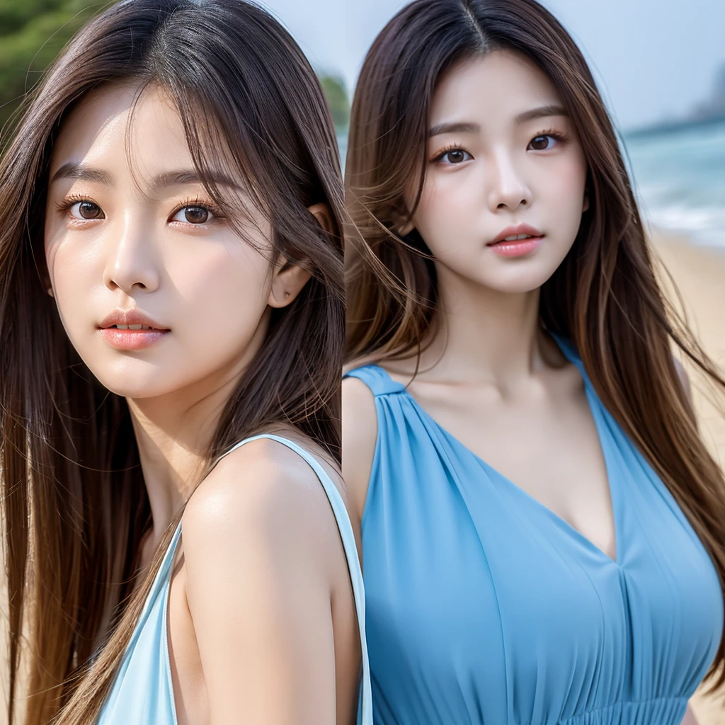 A young South Korean woman aged 24, she has a small, well-proportioned face with delicate features.
Her eyes are large and expressive, with double eyelids and a captivating gaze. Her nose is thin and well defined.
Her lips are full and well-drawn.
Her long, straight hair is a shade of blonde that matches her appearance.
Her skin is clear and smooth. Her body is of medium height and slim, with a graceful figure.
As she walks along the beachfront at sunset in Jeju, her blue-marine dress sways in the wind.