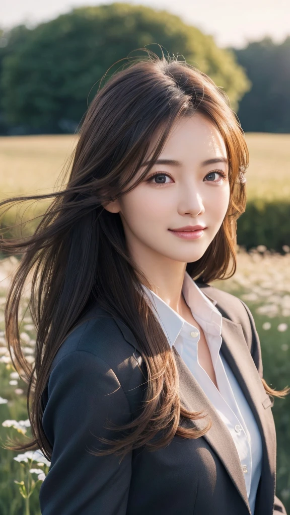 highest quality、genuine、Super detailed、finely、High resolution、8k wallpaper、one beautiful woman、、、light brown disheveled hair、wearing a business suit、sharp focus、perfect dynamic composition、beautiful and detailed eyes、thin hair、Detailed genuine skin texture、smile、model body shape、In a windswept meadow