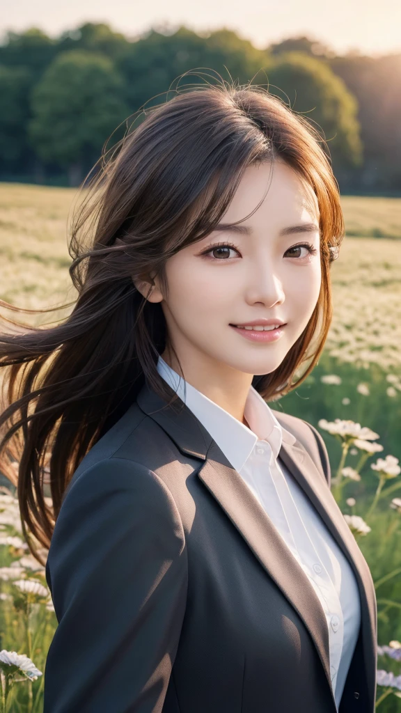highest quality、genuine、Super detailed、finely、High resolution、8k wallpaper、one beautiful woman、、、light brown disheveled hair、wearing a business suit、sharp focus、perfect dynamic composition、beautiful and detailed eyes、thin hair、Detailed genuine skin texture、smile、model body shape、In a windswept meadow