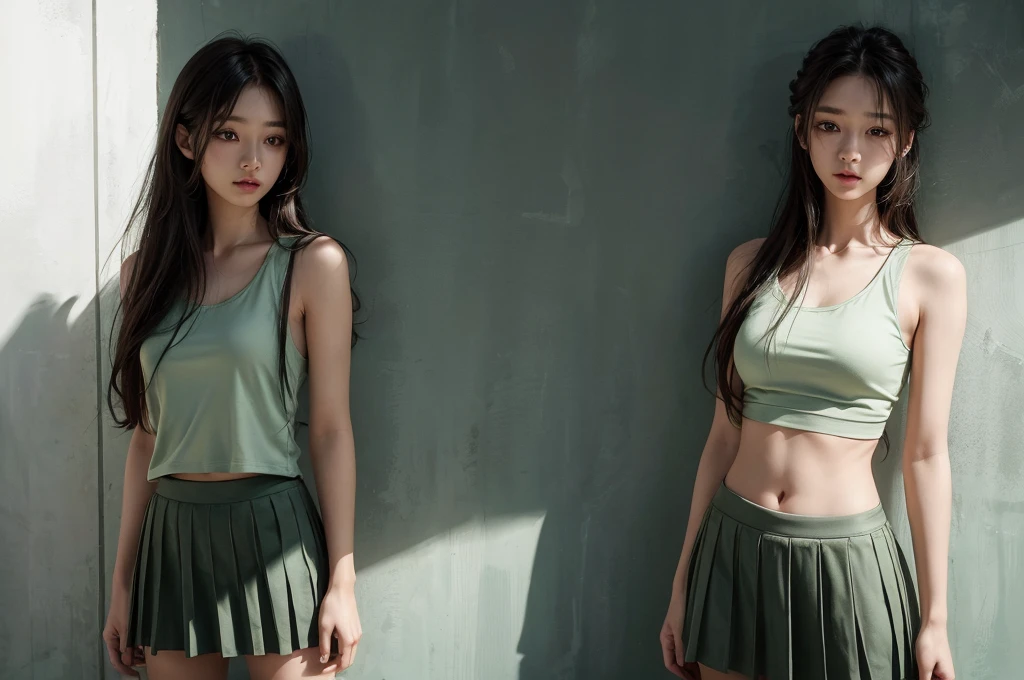 20 year old girl, green tank top, geen skirt, long hair, high contrast (Natural skin texture, Hyperrealism, Soft Light, sharp), portrait, standing, kpop