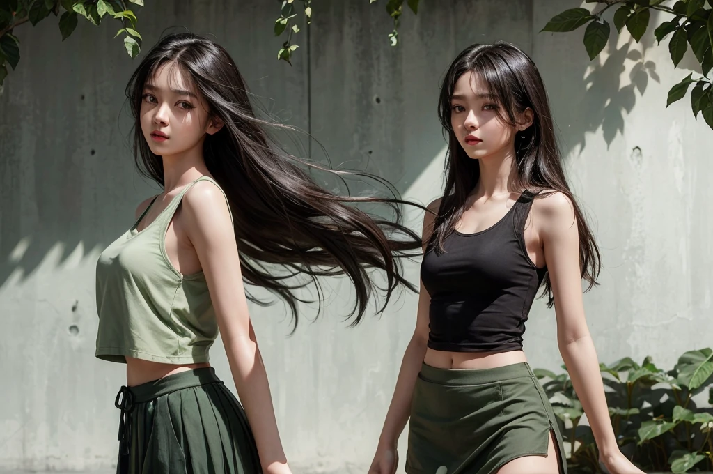 20 year old girl, green tank top, geen skirt, long hair, high contrast (Natural skin texture, Hyperrealism, Soft Light, sharp), portrait, standing, kpop
