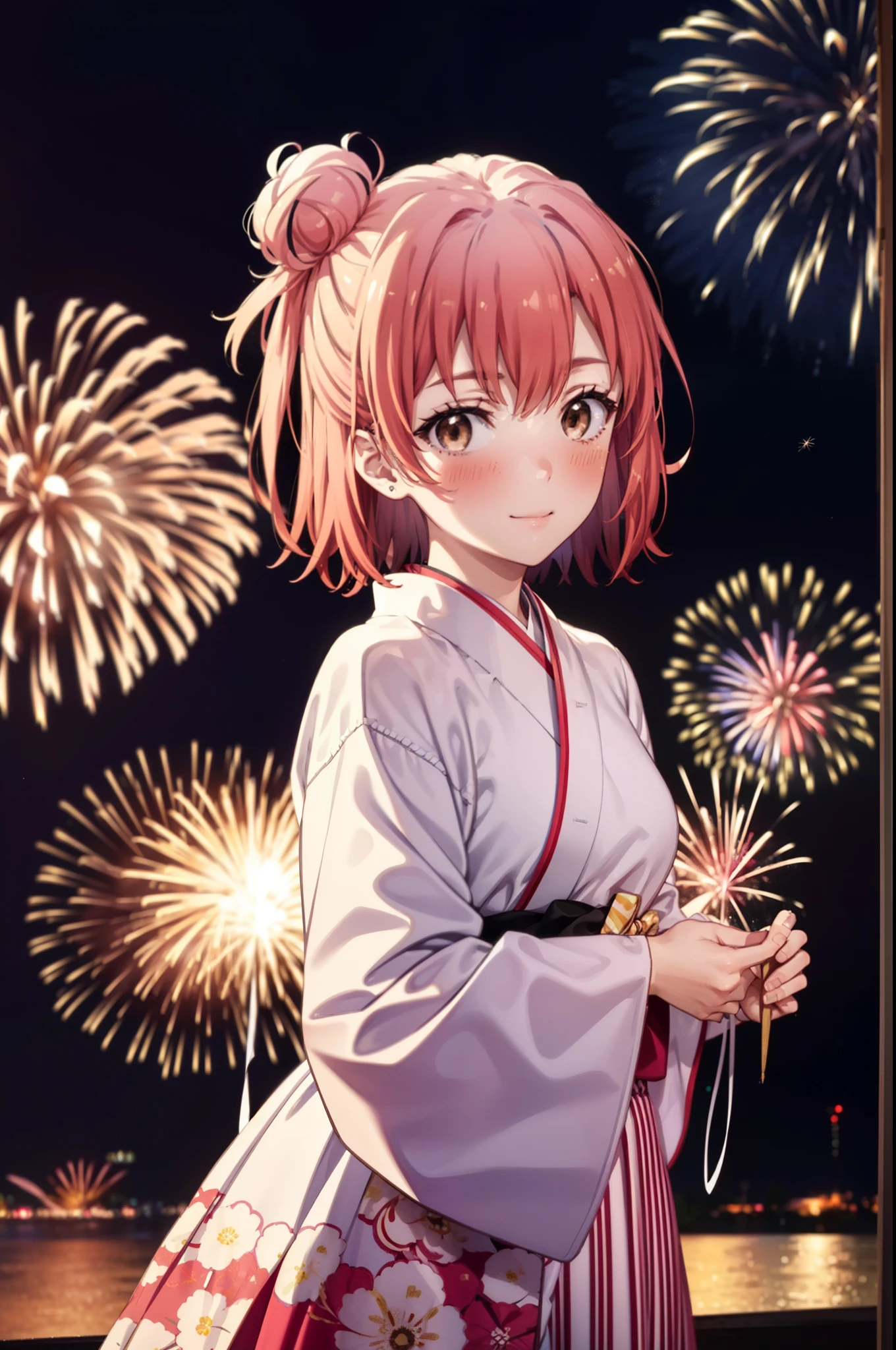 yuiyuigahama, yui yuigahama, short hair, (Brown eyes:1.5), (Pink Hair:1.2), smile,blush,Hair Bun,single Hair Bun, smile,Flower Hair Ornaments,Pink kimono,Thick sleeves,Pink long skirt,Fireworks in the night sky、Fireworks,The place is a fireworks display,Time is night,whole bodyがイラストに入るように
break outdoors, shrine,
break looking at viewer, whole body, (Cowboy Shot:1. 5)
break (masterpiece:1.2), Highest quality, High resolution, unity 8k wallpaper, (figure:0.8), (Beautiful attention to detail:1.6), Highly detailed face, Perfect lighting, Highly detailed CG, (Perfect hands, Perfect Anatomy),