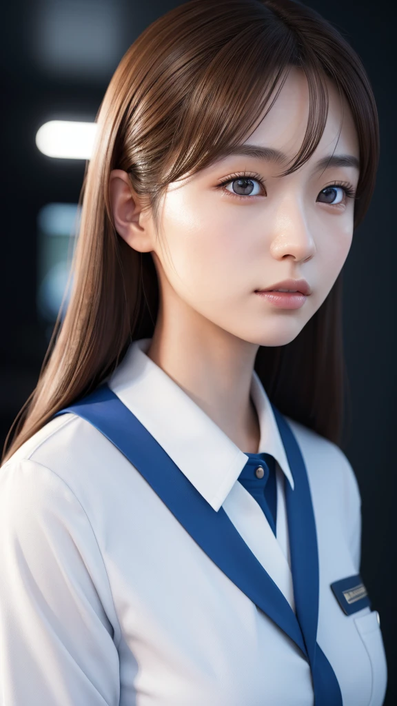 A beautiful young Japanese woman, around 20 years old, wearing a stewardess uniform, ultra-detailed, 8K resolution, highly realistic, cinematic lighting, best quality, masterpiece, photorealistic, physically-based rendering, extremely detailed, vivid colors, professional, sharp focus, studio lighting