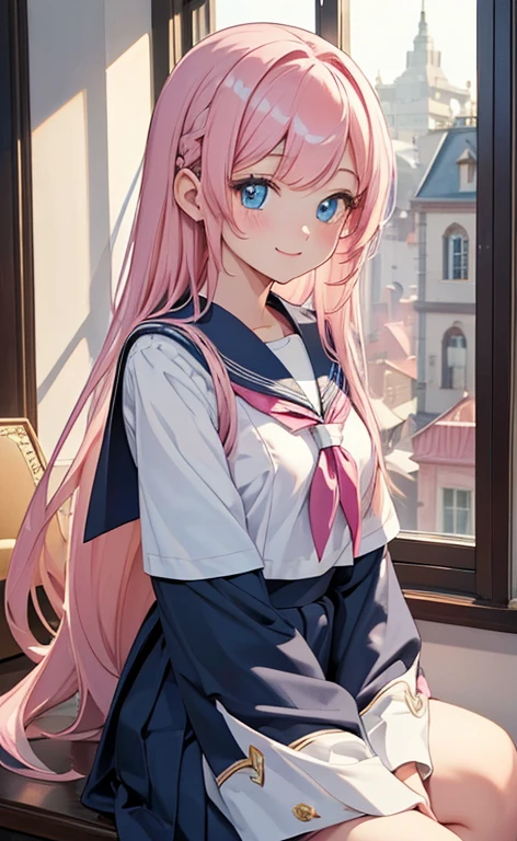 (masterpiece, top quality, very aesthetic, 4k、), intricate detail, 1girl,Sit on the window sill and look outside、(cowboy shot)、light smile、(Super long sideburns)、
Cute 、pink hair、straight hair,middle hair,sidelock ,high school girl,blue eyes、serafuku、sailor uniform、small breasts,Slim 、