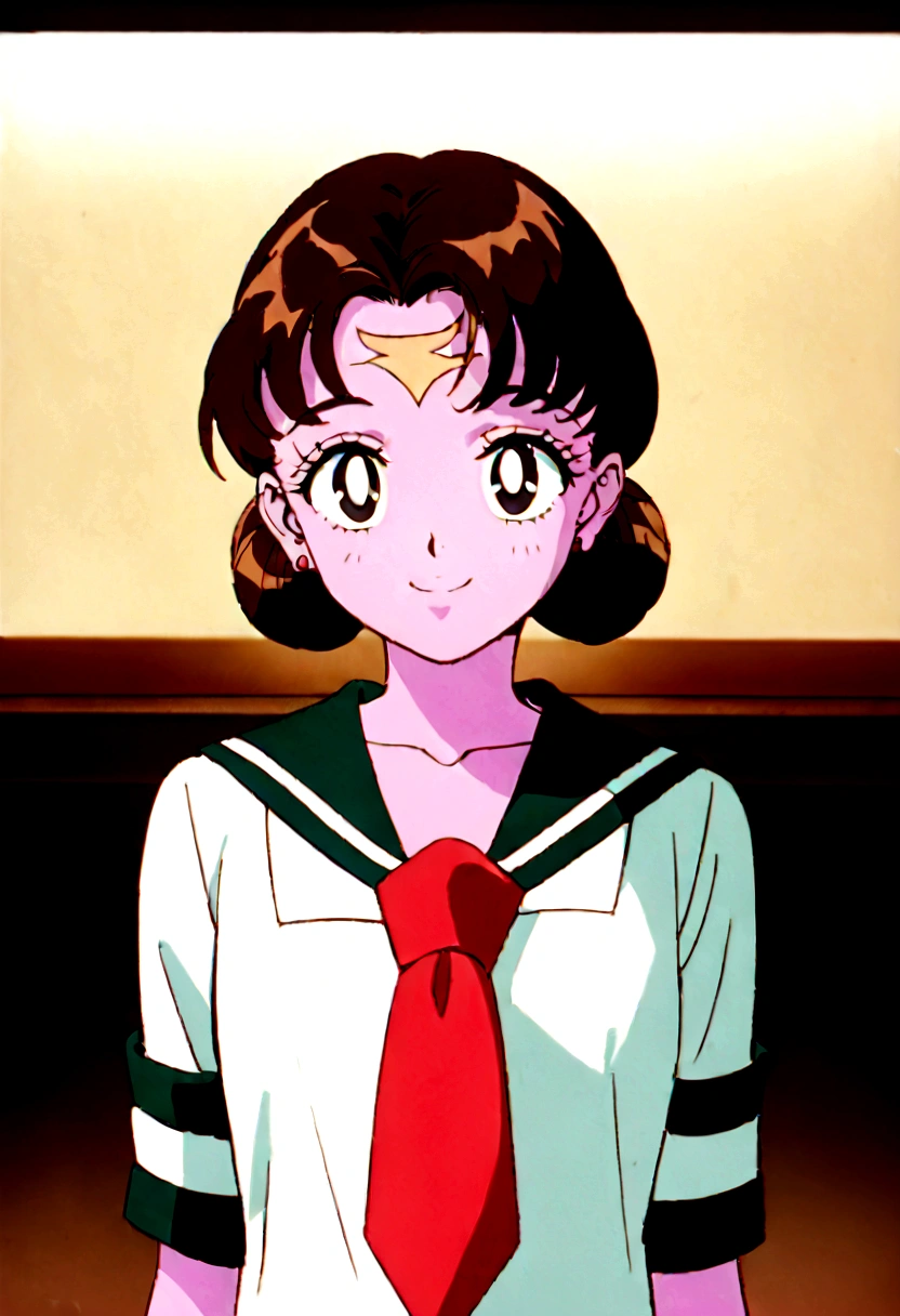 Youma body, pink skin, completely black eyes, little bird wings exclusively on her forehead near her bangs with two beige diamond markings between said wings, short brown hair, 1950's girl hairstyle, looking at viewer smiling, DD Girl, middle school sailor fuku with red tie.