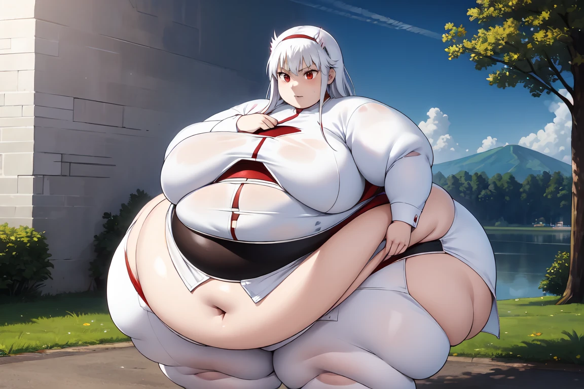 red eyes, accelerator (toaru majutsu no index), white hair, shirt, girl:1.3, massive breasts, wide hips, outdoors, lake, upper body, torn clothes, massive hips