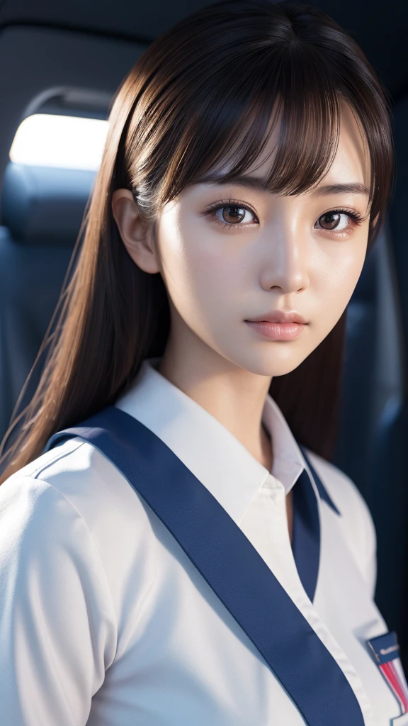 A beautiful young Japanese woman, around 20 years old, wearing a stewardess uniform, ultra-detailed, 8K resolution, highly realistic, cinematic lighting, best quality, masterpiece, photorealistic, physically-based rendering, extremely detailed, vivid colors, professional, sharp focus, studio lighting