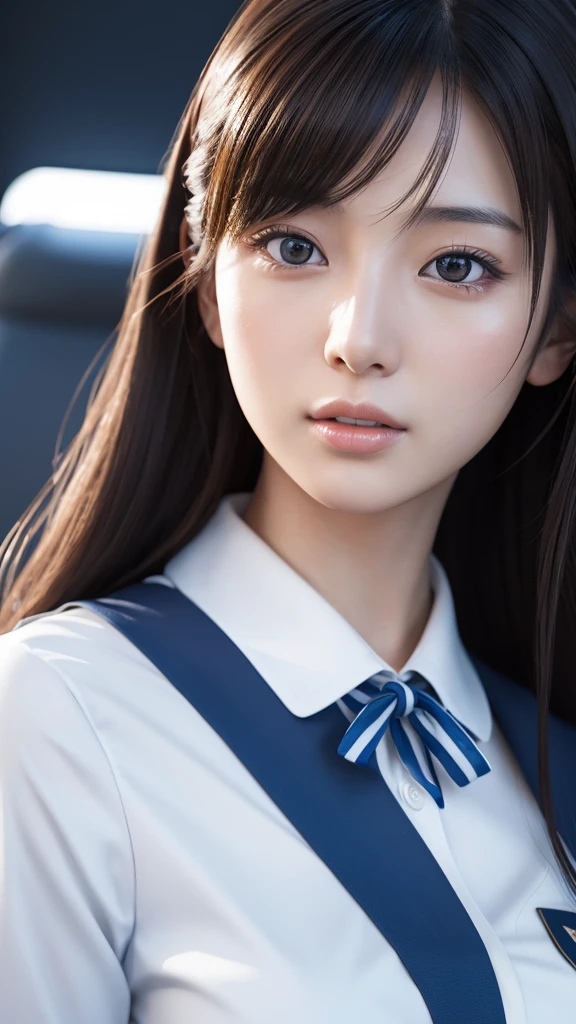 A beautiful young Japanese woman, around 20 years old, wearing a stewardess uniform, ultra-detailed, 8K resolution, highly realistic, cinematic lighting, best quality, masterpiece, photorealistic, physically-based rendering, extremely detailed, vivid colors, professional, sharp focus, studio lighting