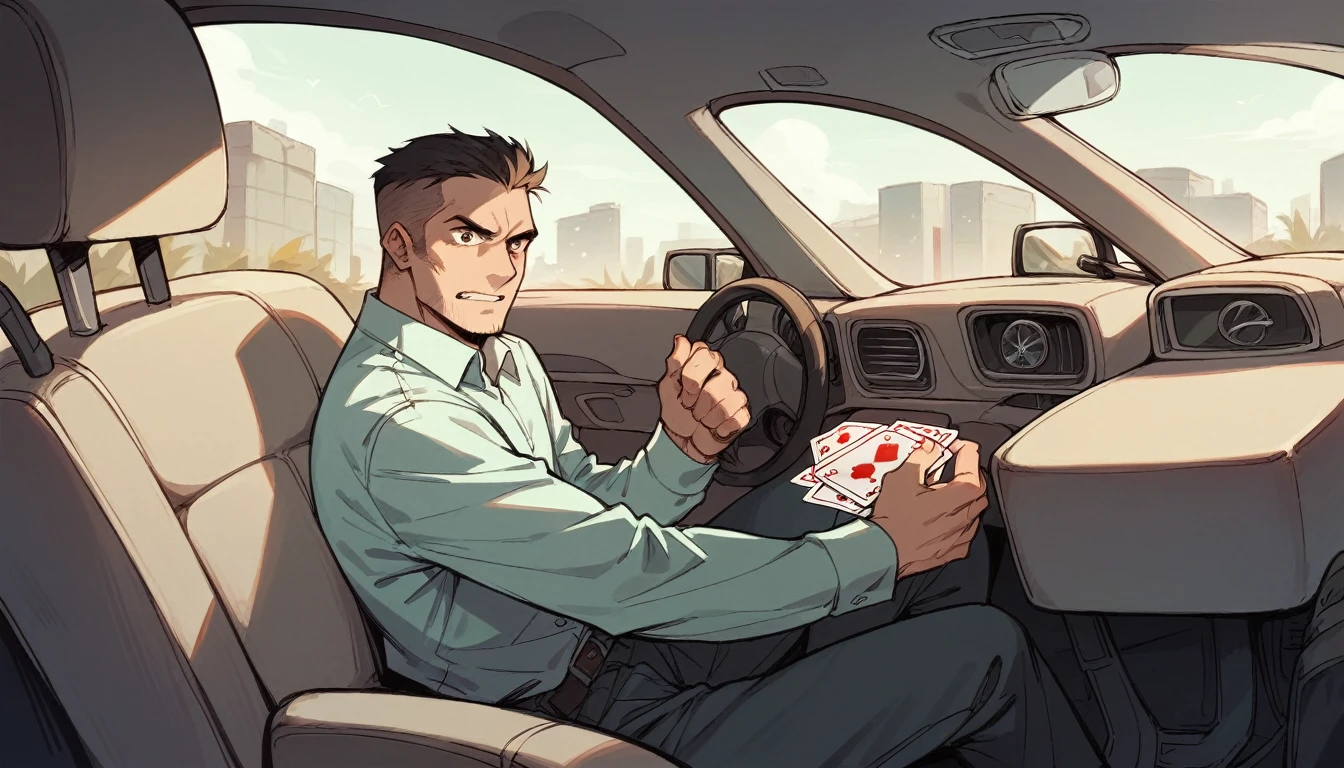 picture of a car in a thick frame, near future, card game, video game