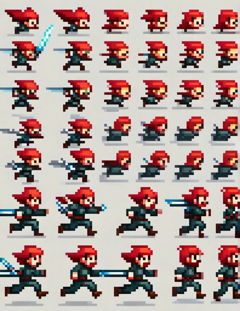 Create a sprite sheet for character animations that includes frames for movement, running, jumping, sword attack,