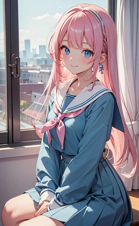 (masterpiece, top quality, very aesthetic, 4k、), intricate detail, 1girl,Sit on the window sill and look outside、(cowboy shot)、light smile、(Super long sideburns)、
Cute 、pink hair、straight hair,middle hair,sidelock ,high school girl,blue eyes、serafuku、sailor uniform、small breasts,Slim 、