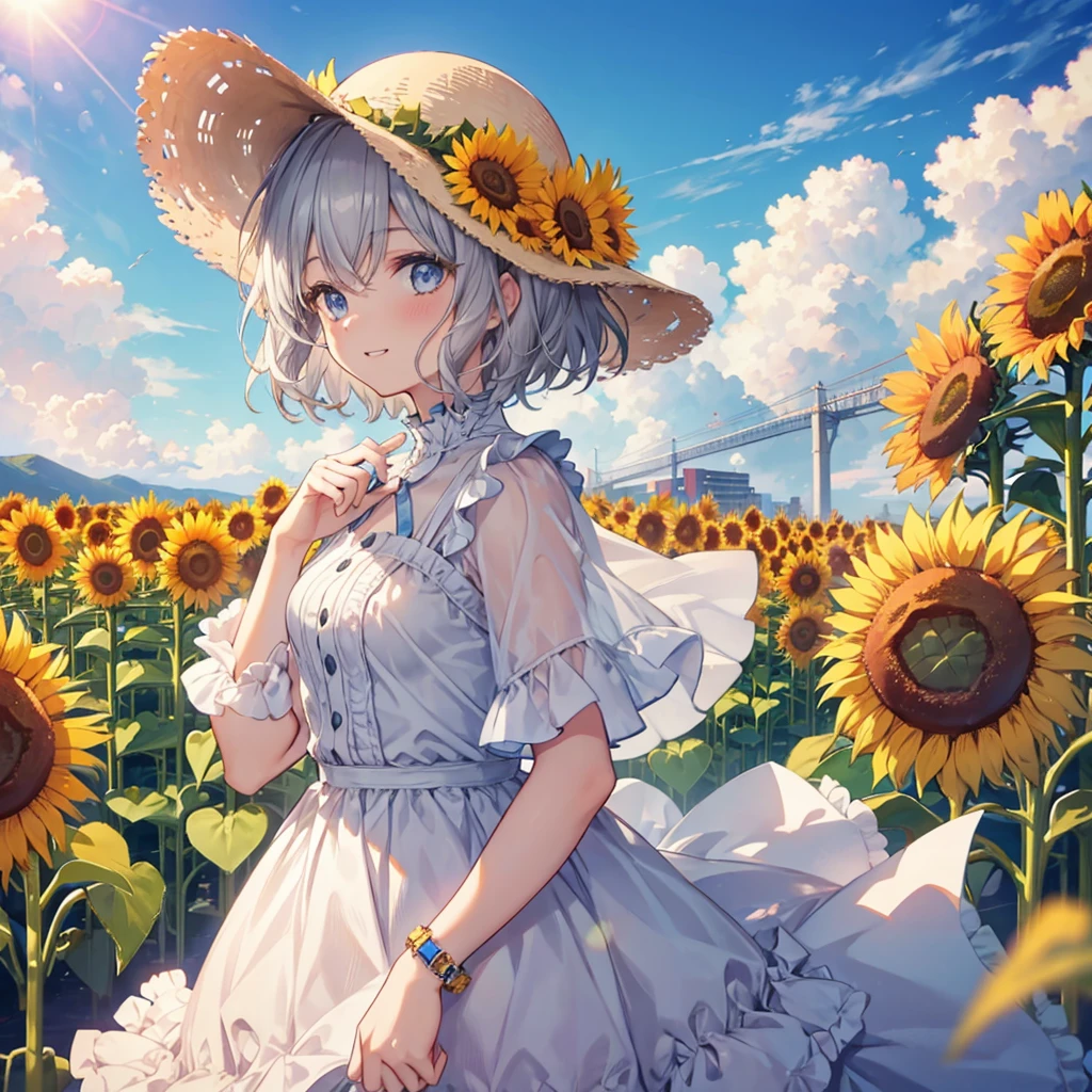 ((((Frilly clothes　Sunflower field))))　(((Gray Hair　short hair　blue eyes　woman　profile　View sunflowers)))，((Blowing in the Wind　sunlight　sun　cloud))，(Wearing a hat　Beige clothes　smile)，　Showing teeth　Shining Background　Shining Edges