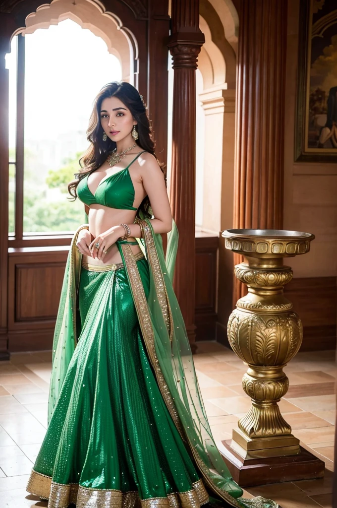 , 8K raw photo, Best quality, masterpiece, ultra high res, film grain, filmg, married indian actress kiara advani in half green lehenga naked ass naked big cleavage showing her full body backsides butt bold hot charming gorgeous seductive looks,ultra realistic photo. No ugly face no extra eays blurry no extra fingers no extra hands. Detailed ultra realistic photo.