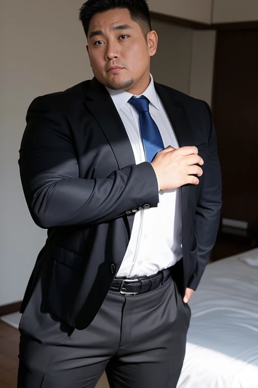 big, Fat Japanese man in a suit、whole body、office、Thick legs、Thick arm muscles、Intimidating、short hair、Kind Face、Long sleeve black jacket、Black trousers、Tight arm circumference、Long trousers、Tight suspension、Blue tie、tight white shirt、Groin bulge、Shirt tucked into pants、A very good rugby player、Intimidating、Having sex、Shiny black trousers、40 years old、tall