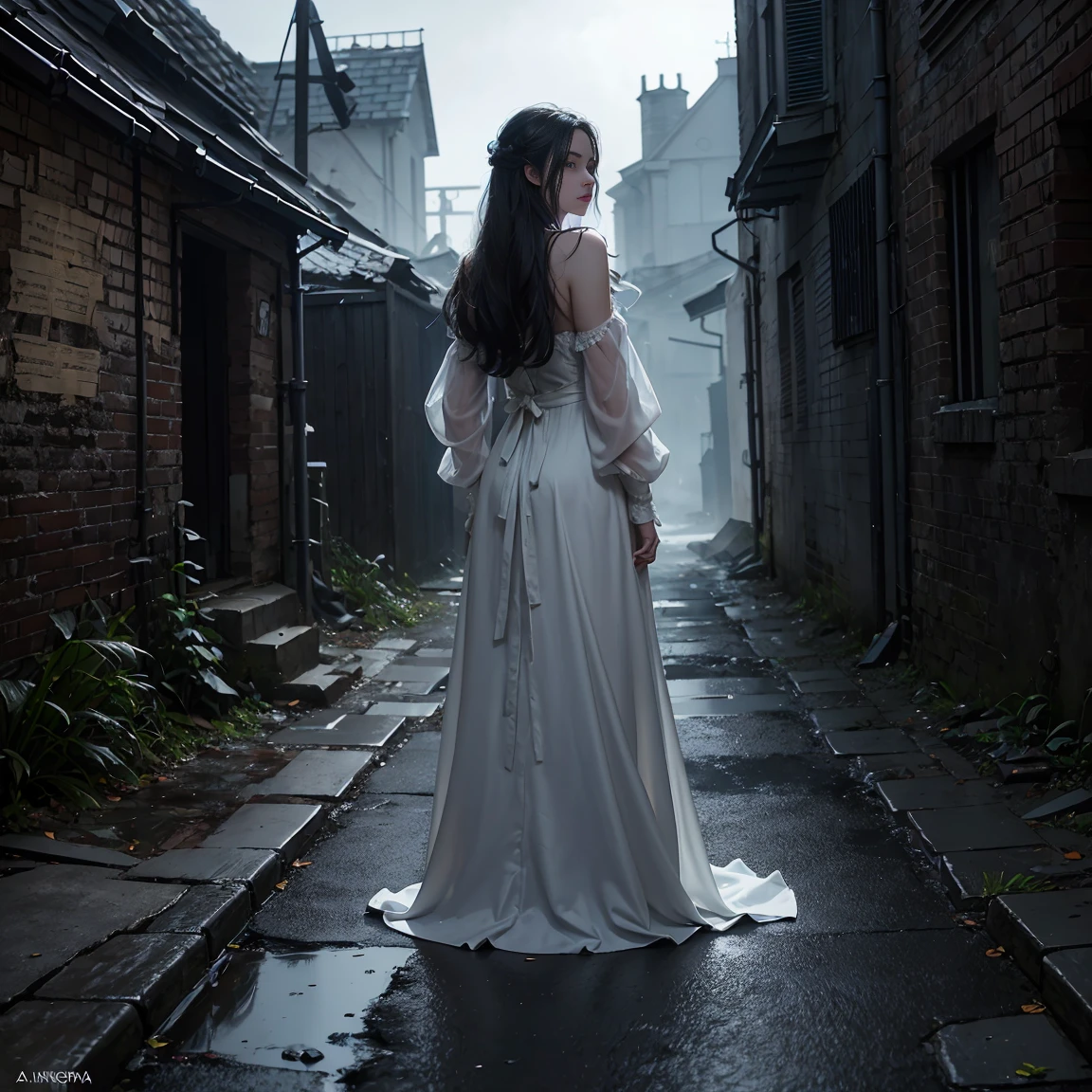 A book cover for the novel "The Abyssal Triangle". The background is a dimly lit back alley in Paris, with brick walls and cobblestone ground. At the end of the alley, a silhouette of a decaying church is faintly visible. The alley is illuminated by a faint streetlight, casting eerie shadows.
In the center of the alley stands Pierre, a weary-looking man holding an eyeball in his hand. On either side of him are Marie and Juliette. Marie is in a pure white dress, exuding an aura of innocence, while Juliette is in a seductive red dress, radiating sensuality. Both women are depicted semi-transparently, giving them a ghostly and ethereal appearance.
Scattered on the ground and walls of the alley are a few eyeballs. The eyeball in Pierre's hand is particularly prominent, with an infinite abyss reflected within it.
The overall color scheme is dark, with cold blues and grays dominating the palette. Marie's white dress and Juliette's red dress stand out vividly against the somber background, drawing the viewer's attention.