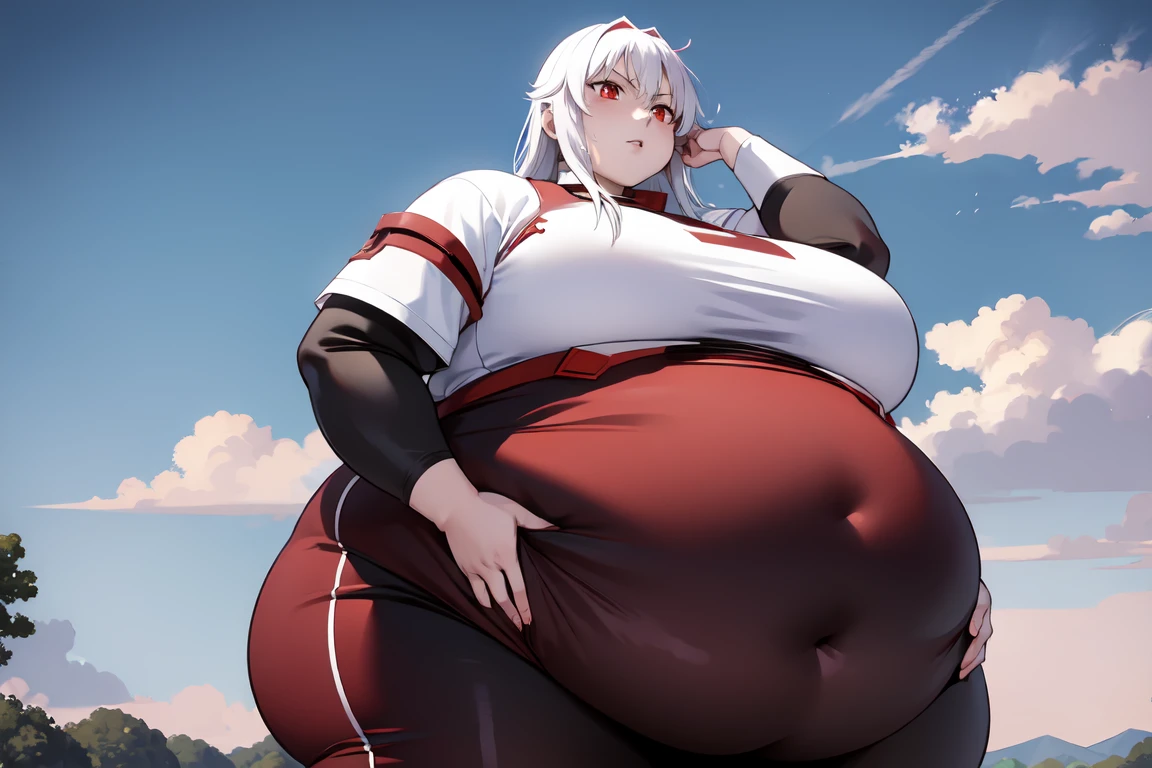 red eyes, accelerator (toaru majutsu no index), white hair, shirt, girl:1.3, massive breasts, wide hips, outdoors, lake, upper body, torn clothes, massive hips