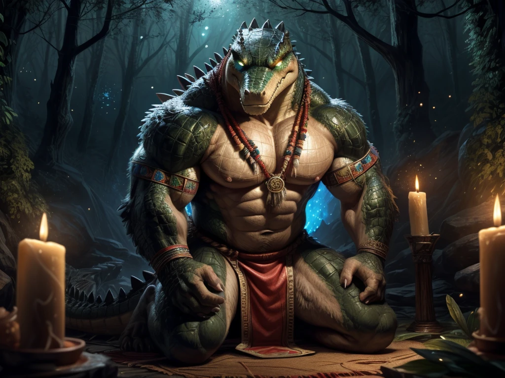 solo, male, (muscular), shaman, (male anthro crocodile:1.3), (green:1.1), white belly, (kneeling:1.3), (kemono:1.4) (praying:1.23), (tribal clothing, long loincloth, red pattern:1.2), detailed eyes, tail, ((bust portrait)), (detailed eyes, detailed eyes, glowing eyes:1.1), (outdoors:1.35), altar, fire, smoke, forest, candle, night, (particles ,firefly, blue glowing:1.3), detailed background, 8k hd, (dark shadows, wide dynamic range, hdr, low light:1.2), [by Pino Daeni, by null-ghost, milkytiger1145, dagasi, yupa], barazoku