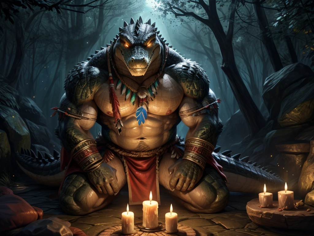 solo, male, (muscular), shaman, (male anthro crocodile:1.3), (green:1.1), white belly, (kneeling:1.3), (kemono:1.4) (praying:1.23), (tribal clothing, long loincloth, red pattern:1.2), detailed eyes, tail, ((bust portrait)), (detailed eyes, detailed eyes, glowing eyes:1.1), (outdoors:1.35), altar, fire, smoke, forest, candle, night, (particles ,firefly, blue glowing:1.3), detailed background, 8k hd, (dark shadows, wide dynamic range, hdr, low light:1.2), [by Pino Daeni, by null-ghost, milkytiger1145, dagasi, yupa], barazoku