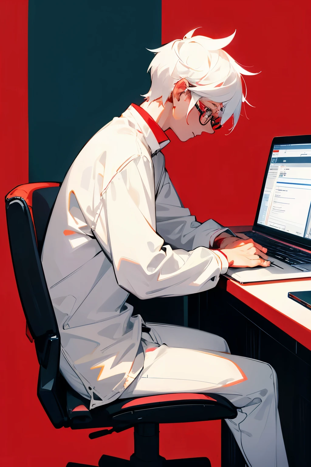 Male, profile photo, wears glasses, web developer, alone, mainly red color, doing programming, sitting in front of a laptop, white hair