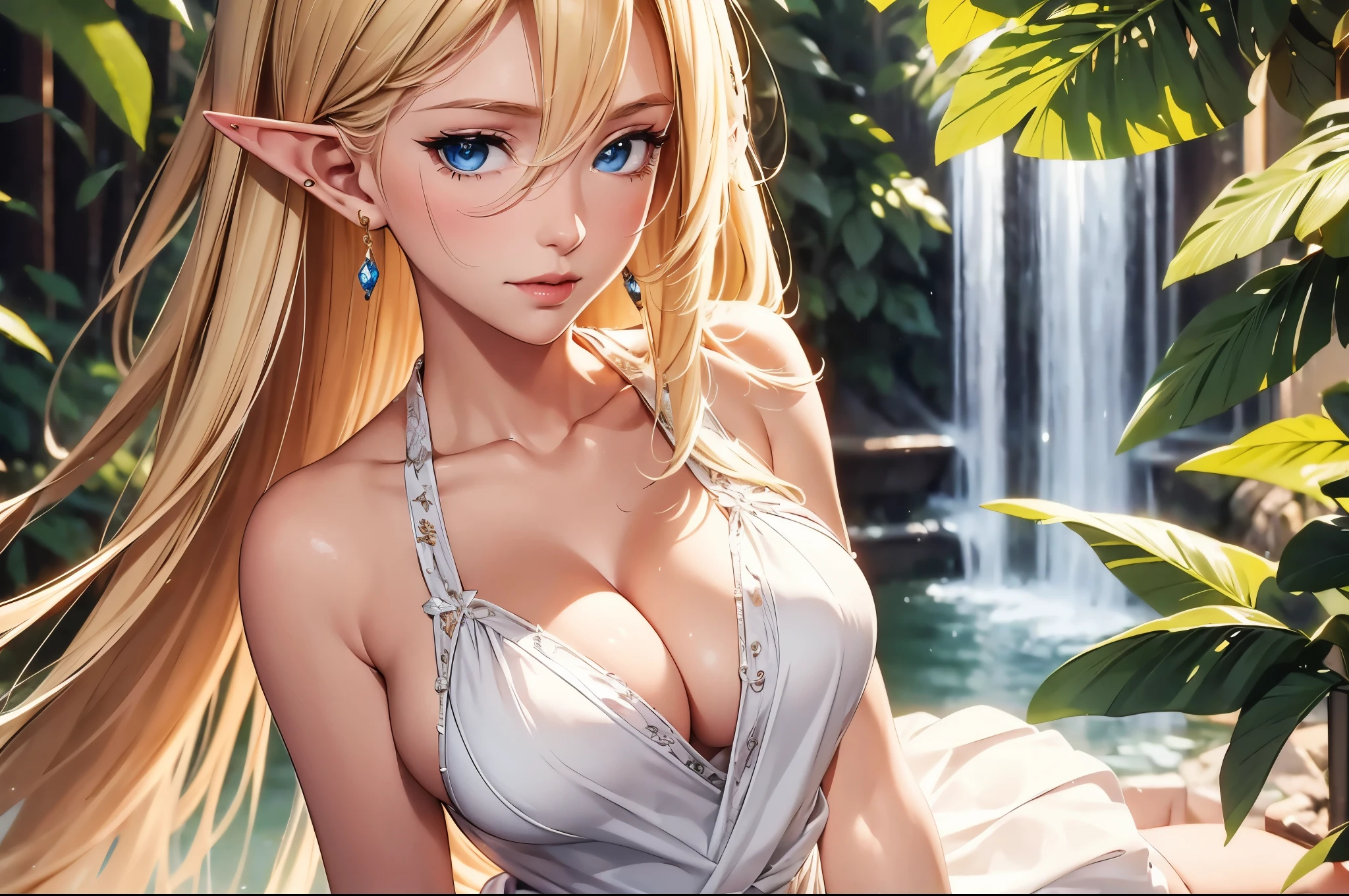 Beautiful elf lady, 1 girl, blonde Long straight hair, upturn elf pointy ears, sexy figure, hot body, perfect breast, charming cleavage, very beautiful face, detailed face, delicate eyes, detailed pupil, beautiful and delicate lips, pale skin, light blush, shy, heart, in love, white camisole long skirt, Simple and stylish, small crystal earrings, hand drawn animation, (portrait:1.3), high detailed, outdoor, symmetrical clothes, best quality, masterpiece, 