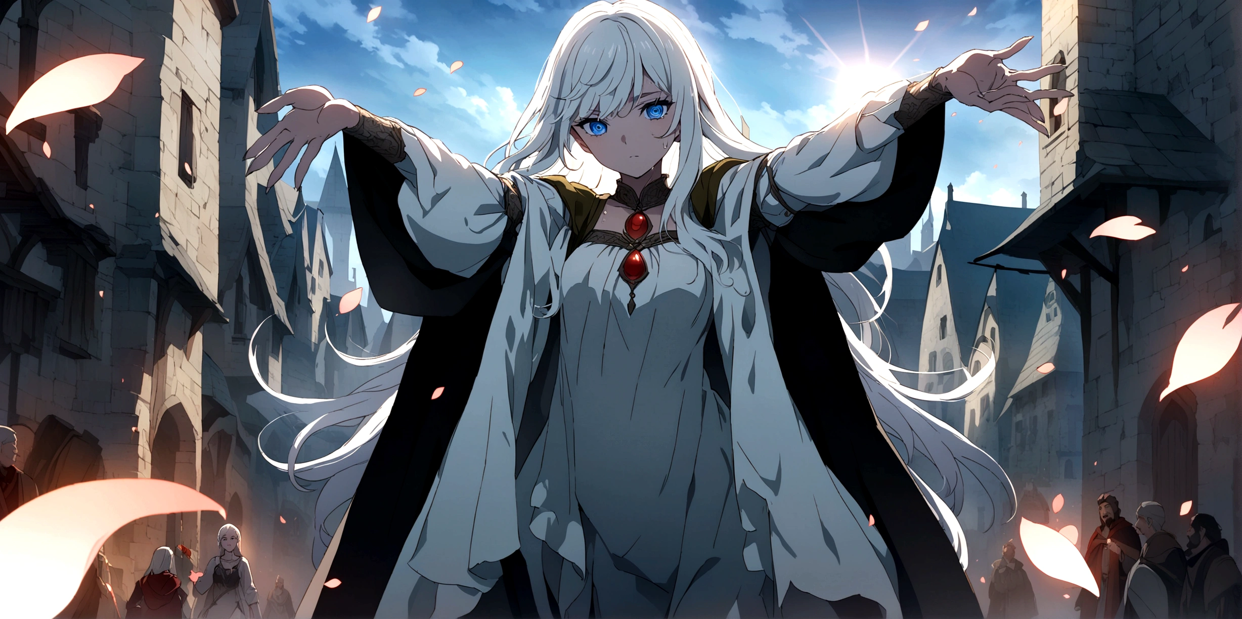 An extremely detailed illustration of a vampire girl on the town, perfect body, (anime illustration), medieval, ((detailed fantasy town)), (detailed sky), (detailed buildings), (small height), {detailed eyes). (white hair), (blue eyes), white plain shirt, tunic, pants, (dramatic lighting), ((Masterpiece)), ((white winds)), ((perfect detailed hands)), detailed leaves, ((intricate detail)), Jewel-like eyes, (sharp eyes), long hair, (((smooth wet skin))), fierce look, (flowers), sunlight, ((surrounded by floating petal)), focus on the subject, chiaroscuro, kingdom, HD wallpaper, UHD image, trending on Pixiv
