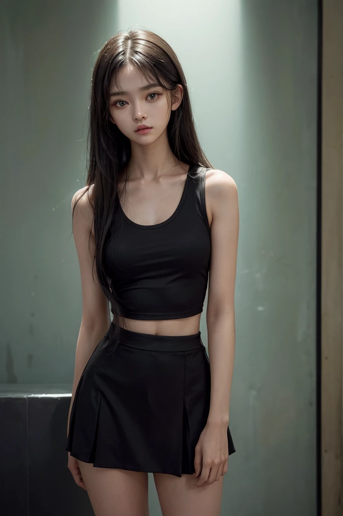 20 year old girl, green tank top, black skirt, long hair, high contrast (Natural skin texture, Hyperrealism, Soft Light, sharp), portrait, standing, kpop