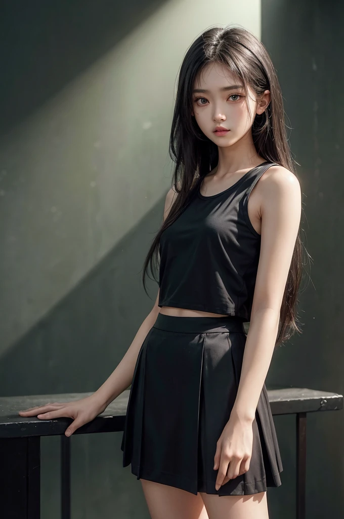 20 year old girl, green tank top, black skirt, long hair, high contrast (Natural skin texture, Hyperrealism, Soft Light, sharp), portrait, standing, kpop