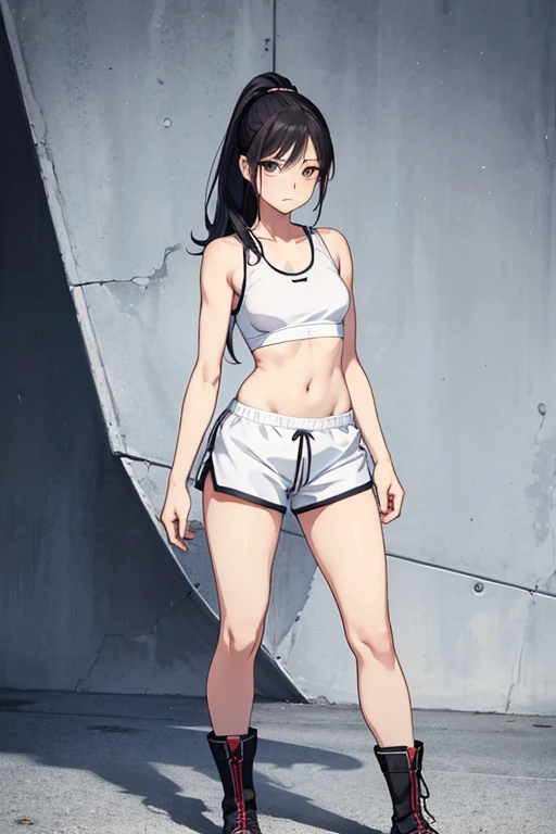 Anime Art、Full body portrait、Fighter、A tall woman, about 175cm tall, around 28 years old, wearing a white sports bra and shorts, holding her hair up with her hands、Staring with mouth closed、Medium length hair that reaches the shoulders、Black Hair、Dark Eyes、sports boots、Flat chest