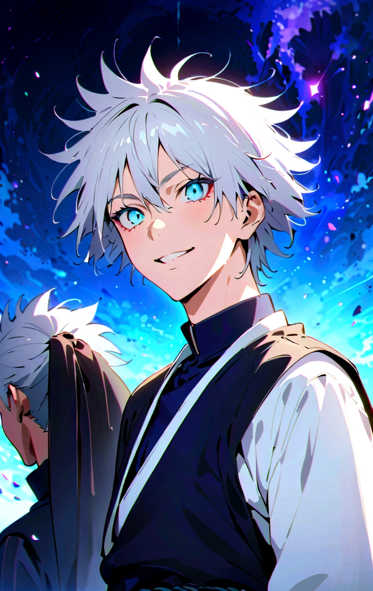 (masterpiece:1.3),(Highest quality:1.4),(Very detailedな:1.5),High resolution,Very detailed,8K,(1 male,Gojo Satoru,JUJUTSU KAİSEN,Gray Hair)Gojo Satoru,Be confident々smile,Beautiful Blue Eyes、（The background is blue and purple space）