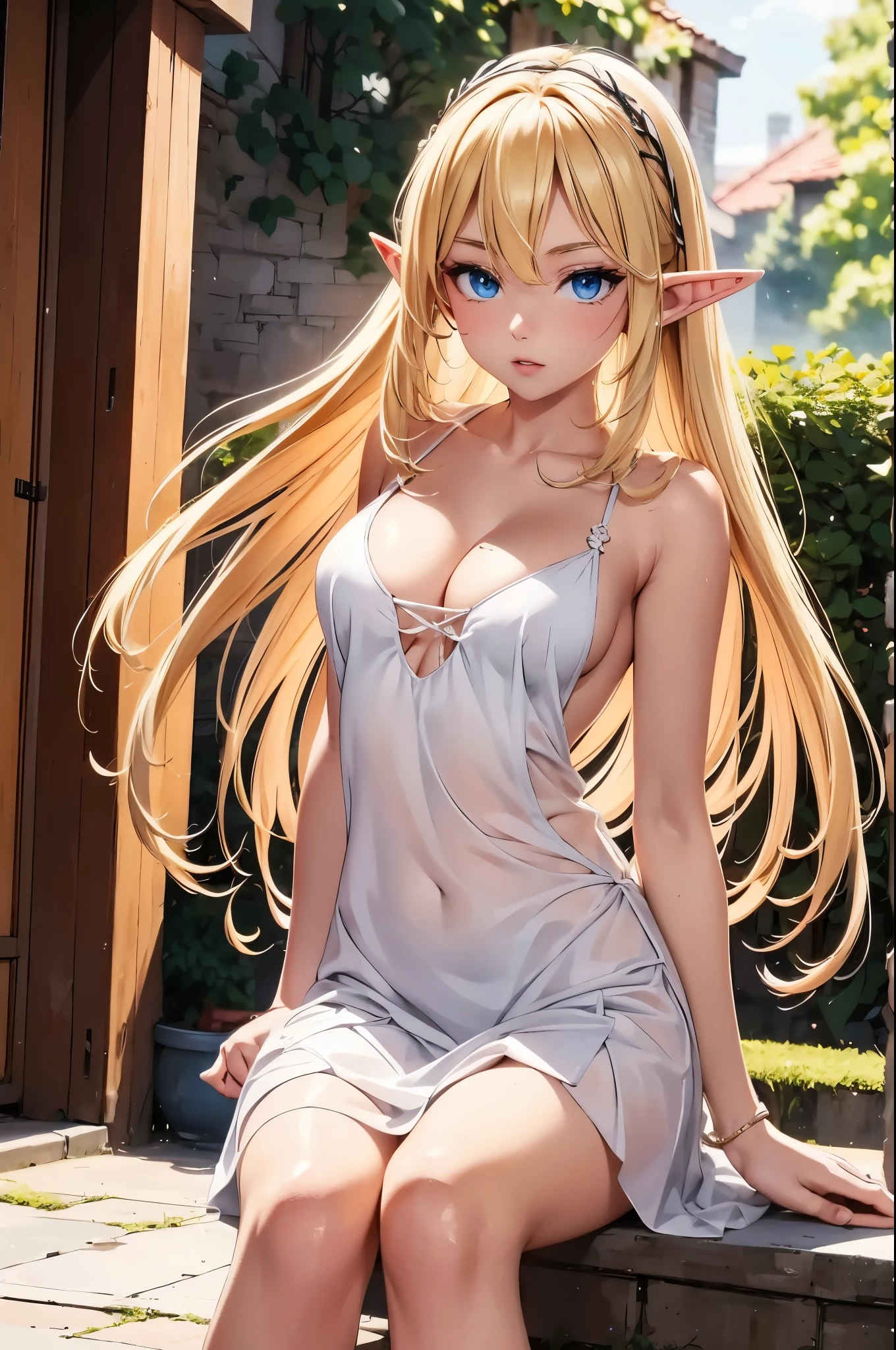 Beautiful elf lady, blonde Long straight hair, upturn elf pointy ears, sexy figure, hot body, perfect breast, charming cleavage, very beautiful face, detailed face, delicate eyes, detailed pupil, beautiful and delicate lips, pale skin, light blush, shy, heart, in love, white camisole long skirt, Simple and stylish, small crystal earrings, hand drawn animation, high detailed, outdoor, symmetrical clothes, best quality, masterpiece, 